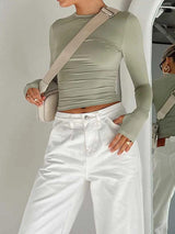 Lovemi - Modisches Damen-T-Shirt mit langen Ärmeln, Rundhalsausschnitt, einfarbig, schmale Passform, bauchfreies Top mit Daumenlöchern für den täglichen Gebrauch, Streetwear, Sommer-Camis