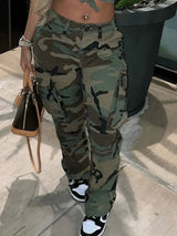 Lovemi - LW ​​Cargohose in Übergröße mit Camouflage-Print und Seitentaschen, Camouflage, mittelhohe Taille, lässige Camouflage-Hose für Damen, normale Freizeithose für Damen