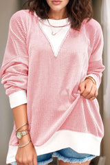 Contrast Round Neck Long Sleeve Sweatshirt-Blush Pink-1