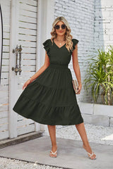 Lovemi - Neues ärmelloses Kleid mit Rüschen und V-Ausschnitt, Sommermode, A-Linien-Kleid mit elastischer Taille für Damenbekleidung