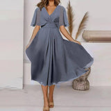 Fashion Solid Color And V-neck Waist Trimming Casual Large Swing Dress