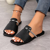 Mode strass sangle conception sandales été nouveau bout carré pantoufles à talons bas pour les femmes diapositives chaussures de plage décontractées
