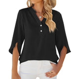 Lovemi - Chiffon-Hemd mit Knopfleiste, V-Ausschnitt, mittellange Ärmel, einfarbiges Oberteil, Damenbekleidung