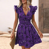 New Flowers Print Ruffled Sleeveless Dress Summer Sexy Deep V-neck Slim-waist Short Dresses For Womens Clothing