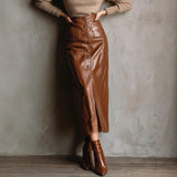 Faux Leather High Waist Midi Skirt