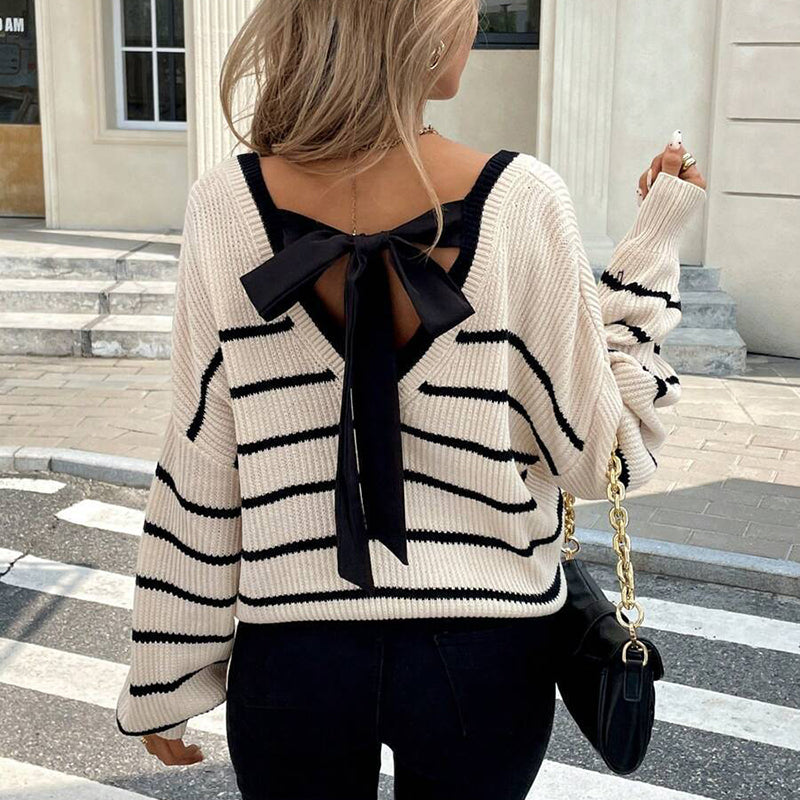Striped V-Neck Bow Back Sweater