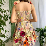 Lovemi - Dreidimensionales Kleid mit Blumenstickerei, Sommermode, süße A-Linien-Hosenträgerkleider für Damenbekleidung