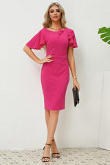 Slit Round Neck Flutter Sleeve Dress-Hot Pink-13