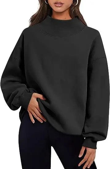 Cheky Black / S Pullover Sweatshirt Solid Color Loose Tops Round Neck Hoodie Women Thick Clothing