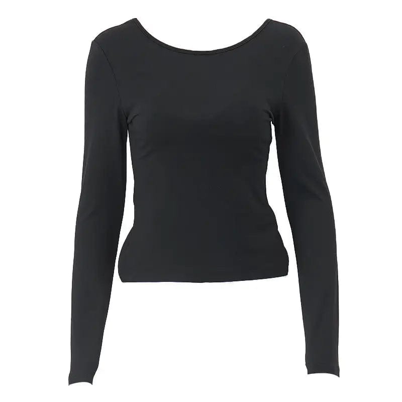 Cheky Black / S Sexy Round Neck Back Hollow Slim Long-sleeved T-shirt Top