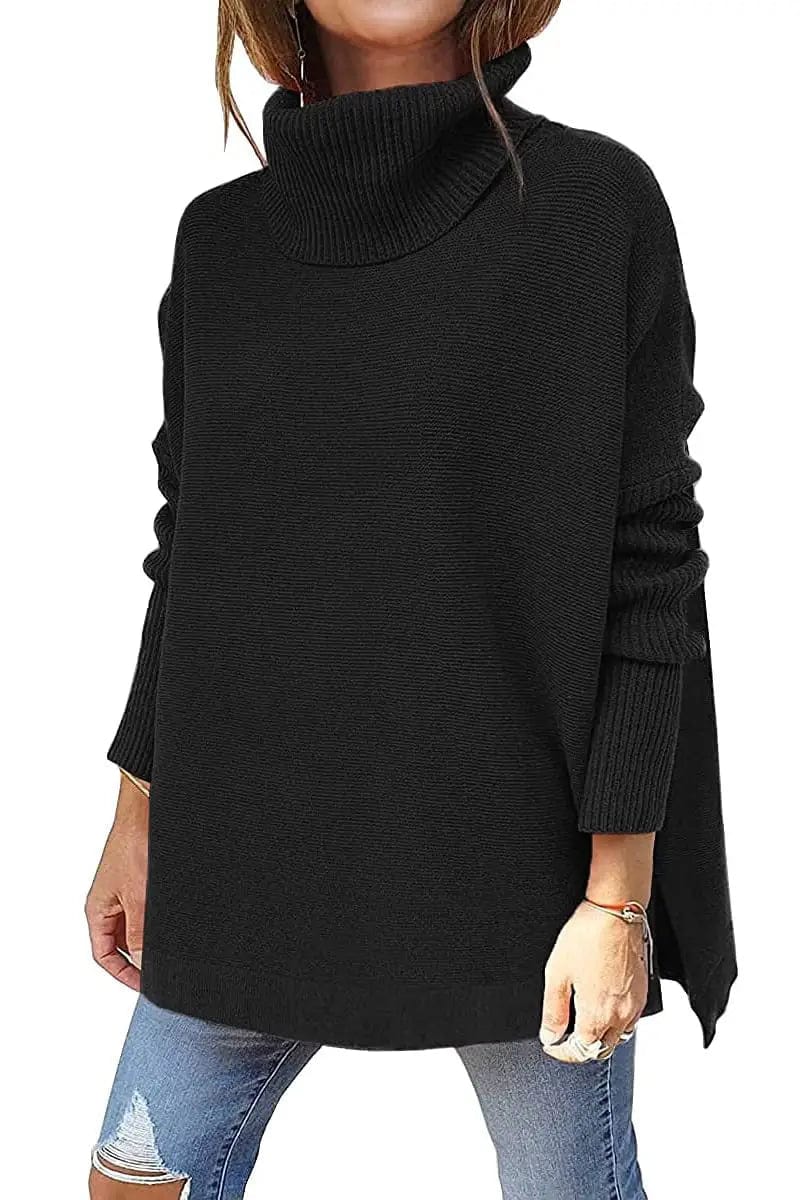 Cheky Black / S Turtleneck Sweater Mid Length Batwing Sleeve Slit Hem Tunic Pullover Sweaters Winter Tops Women Clothing