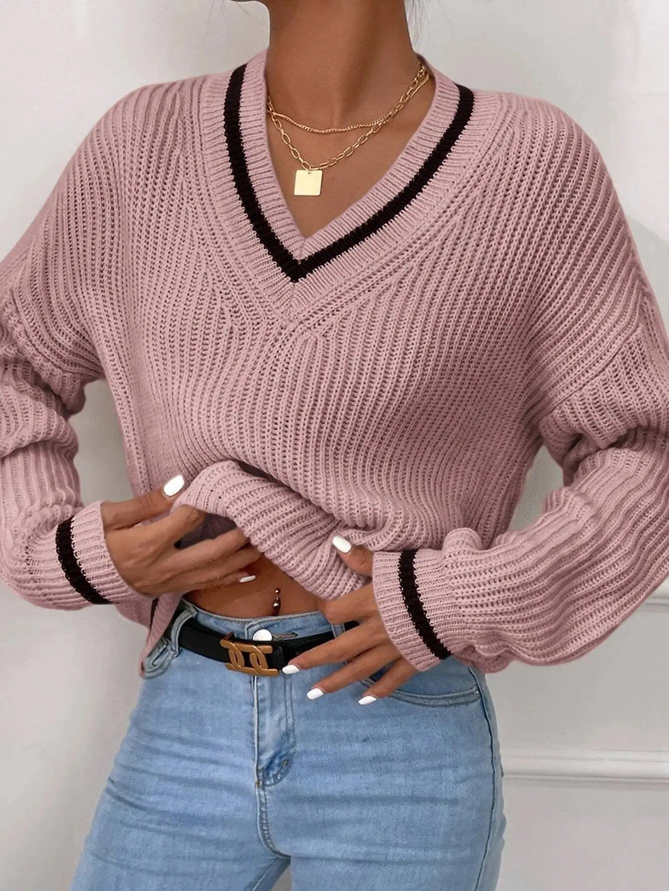 Cheky Pink / S Women's Clothes Cable Knit V Neck Sweaters Casual Long Sleeve Striped Pullover Sweater Trendy Loose Preppy Jumper Top
