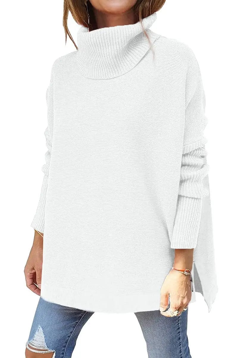 Cheky White / S Turtleneck Sweater Mid Length Batwing Sleeve Slit Hem Tunic Pullover Sweaters Winter Tops Women Clothing