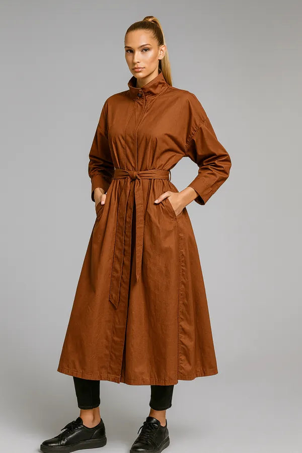 Long brown belted coat for women - minimalist fall outerwear with pockets
