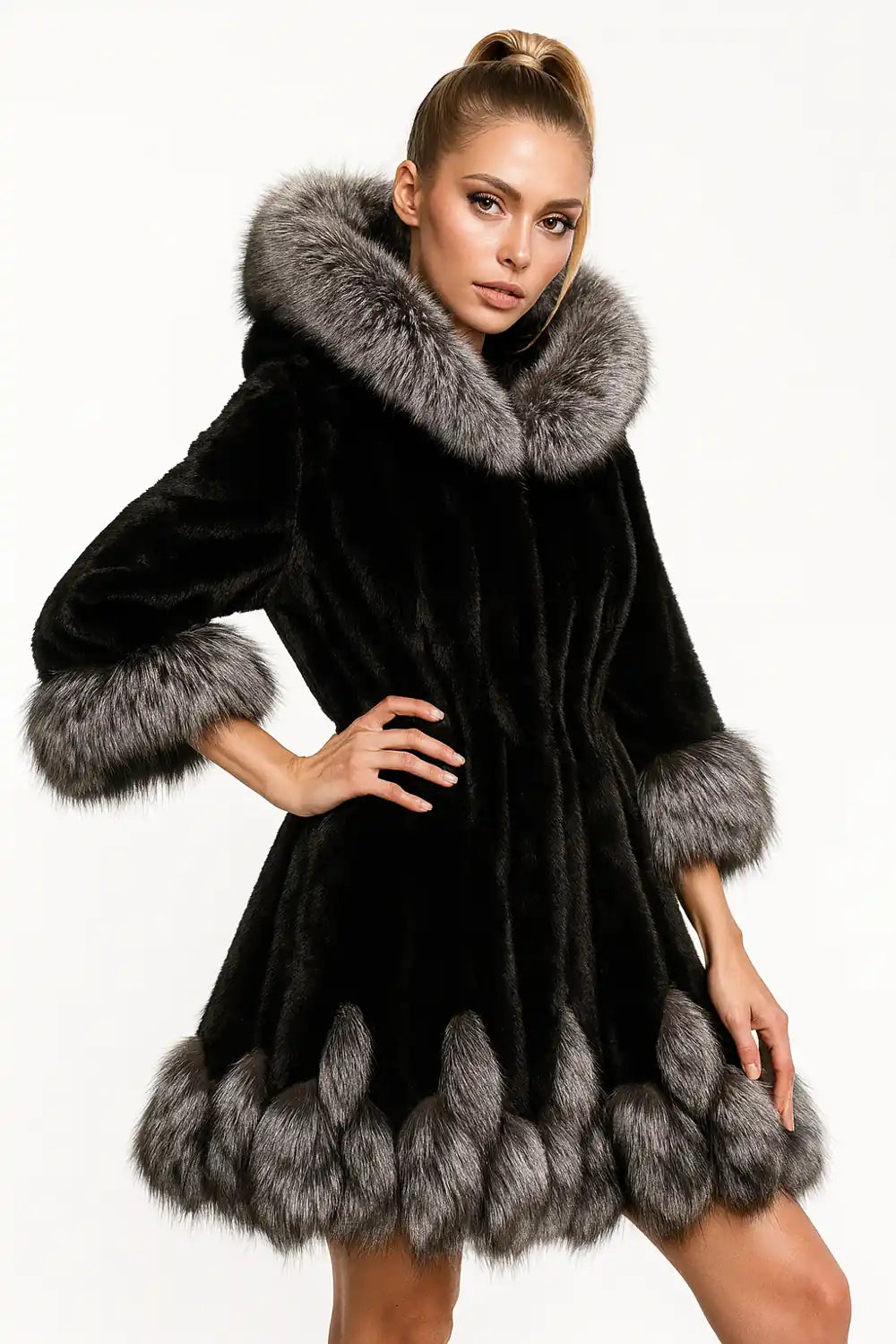 Luxury women’s white faux fur coat with silver fox trim – elegant winter fashion