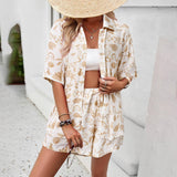 2Pcs Casual Printed Suits Short-sleeved Shirt And Drawstring Shorts Summer Fashion Womens Clothing