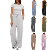 Lovemi -  2pcs Solid Color Casual Sports Suit Short-sleeved Top And High-waisted Drawstring Wide-leg Pants Summer Fashion Set For Womens Clothing