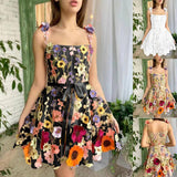 Lovemi - Dreidimensionales Kleid mit Blumenstickerei, Sommermode, süße A-Linien-Hosenträgerkleider für Damenbekleidung