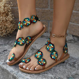 Lovemi - Flache Sandalen im Ethno-Stil mit Blumenmuster für den Sommerurlaub, lässige Strandschuhe mit Clip-Zehen für Damen