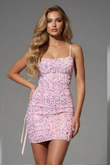Sparkly pink sequin bodycon mini dress with spaghetti straps for women