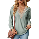 Lovemi -  Lace Stitching V-neck T-shirt Loose Long-sleeved Solid Color Top For Women