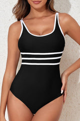 Contrast Trim Scoop Neck One-Piece Swimwear-Black-1