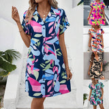 Lovemi - Neues kurzärmliges Hemdkleid mit Blumendruck, Sommermode, lockere A-Linien-Kleider mit Revers für Damenbekleidung