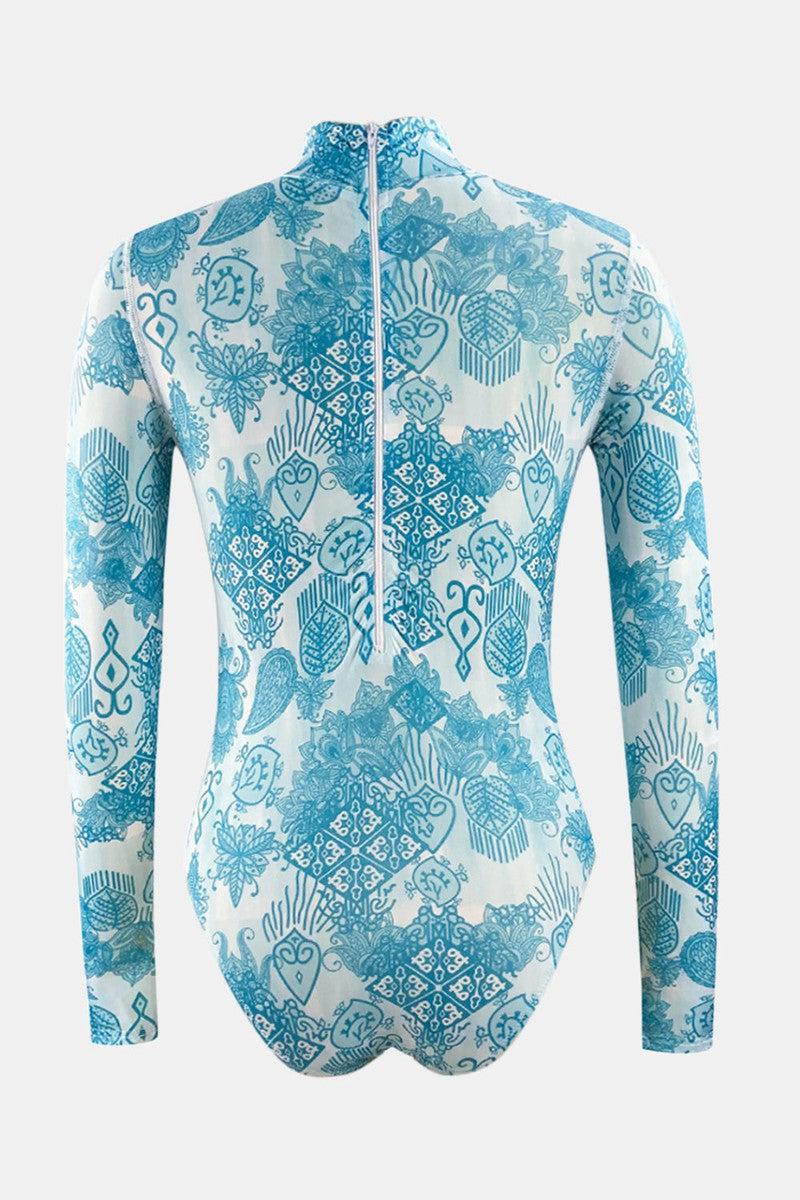 Printed Mock Neck Long Sleeve One-Piece Swimwear-7