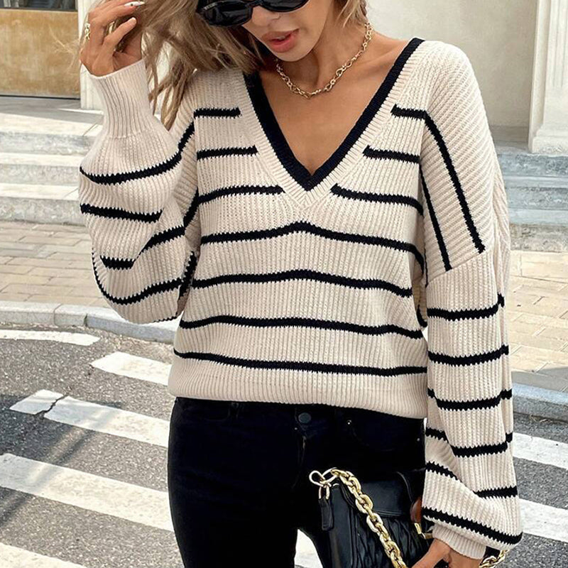 Striped V-Neck Bow Back Sweater