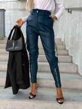 Lovemi - Modische, schmal geschnittene Lederhose für Damen, taillenbetonende Hose mit Reißverschluss und Taschen