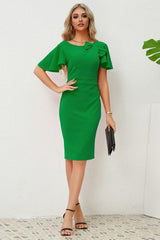 Slit Round Neck Flutter Sleeve Dress-Green-9