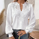 Lace Lantern Sleeve V-Neck Blouse