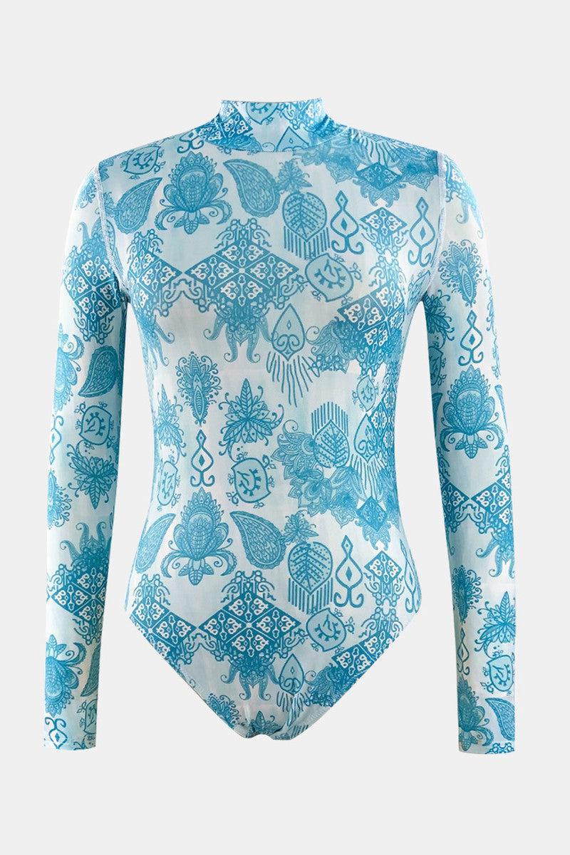 Printed Mock Neck Long Sleeve One-Piece Swimwear-6