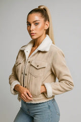 Women's beige corduroy jacket with faux shearling lining – cozy casual outerwear
