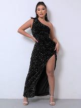 LOVEMI  0 Black / XS Foreign Trade Sleeveless One Shoulder Slash Neck Sequins Gorgeous Slit Women's Dress