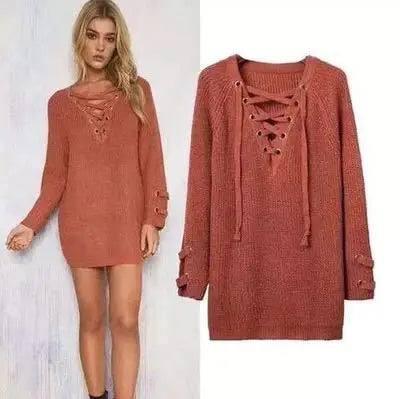 2021 Women Sweater woman Sweaters V Neck Mesh Lace Up-Red-6