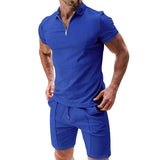 2Pcs Casual Waffle Suit Summer Zipper Lapel Short-sleeved-Royal-4