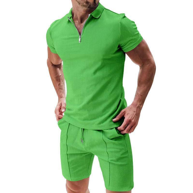 2Pcs Casual Waffle Suit Summer Zipper Lapel Short-sleeved-Green-7