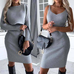 2pcs Suit Women's Solid Stripe Long-sleeved Top And Tight-1