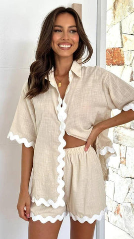 2Pcs Summer Shirt Suit With Short-sleeved V-neck Shirt And-Apricot White-11