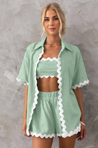 2Pcs Summer Shirt Suit With Short-sleeved V-neck Shirt And-Light Green-7