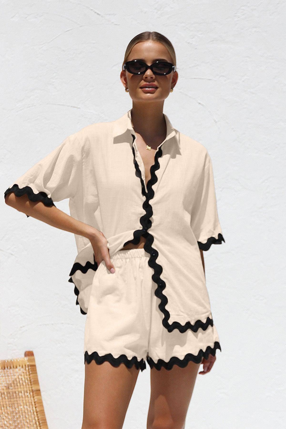 2Pcs Summer Shirt Suit With Short-sleeved V-neck Shirt And-Apricot Black-8