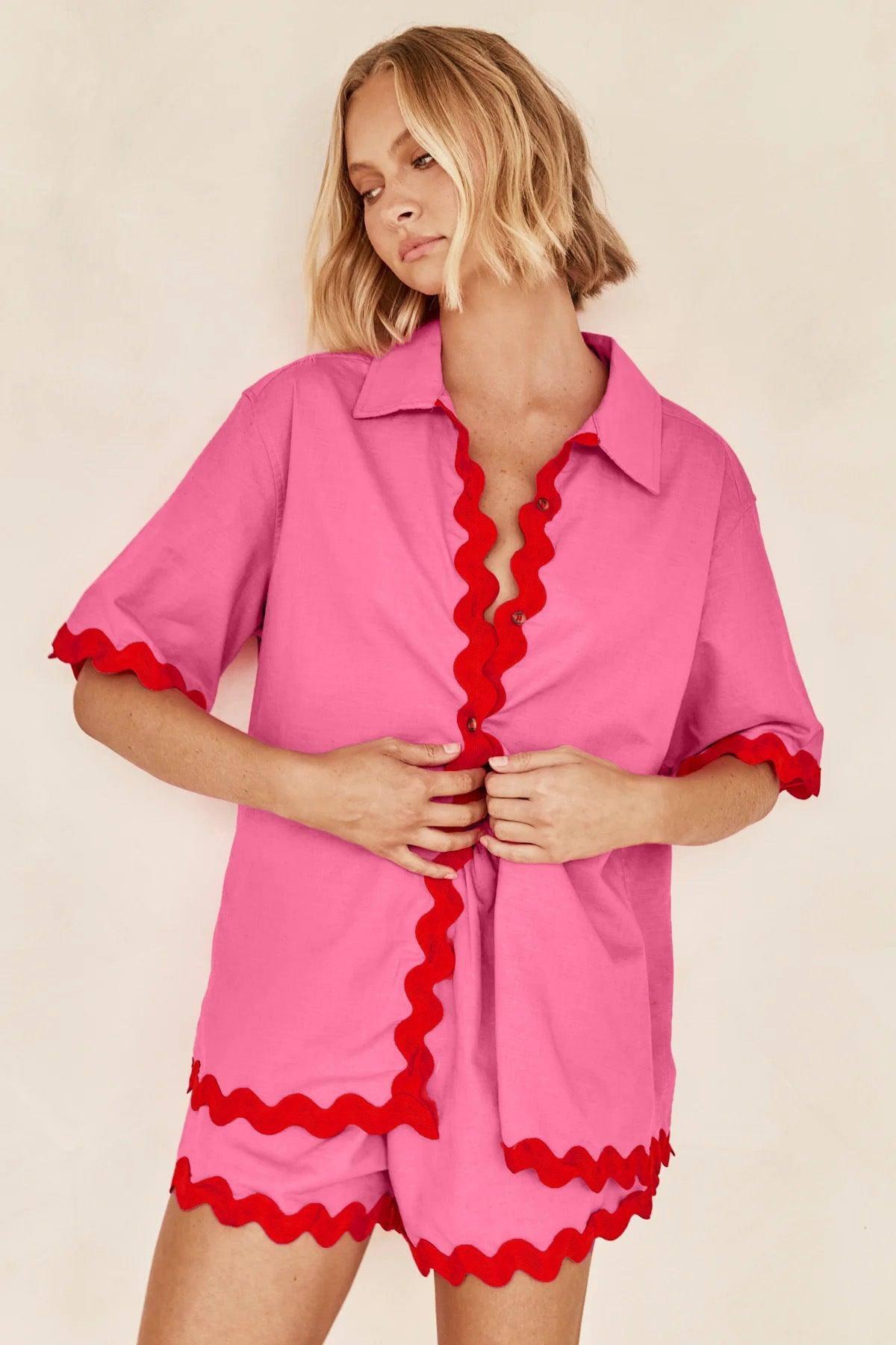 2Pcs Summer Shirt Suit With Short-sleeved V-neck Shirt And-Rose Red-9