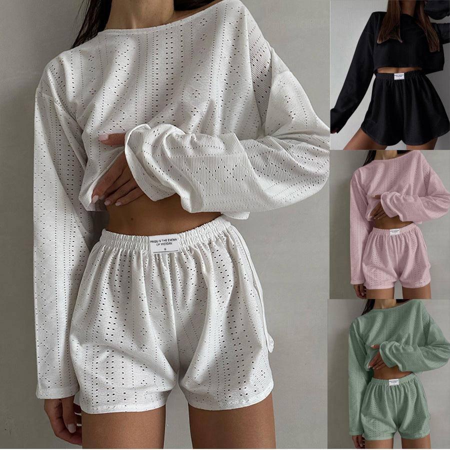 2pcs Women's Suit Long Sleeve Pullover Top And Shorts-1