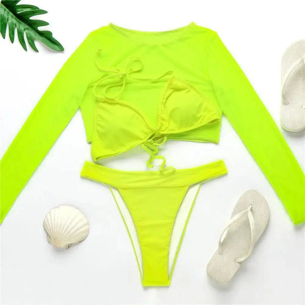 3 Piece Neon Green Bikini Swimsuit Women Sexy Long Sleeve-1