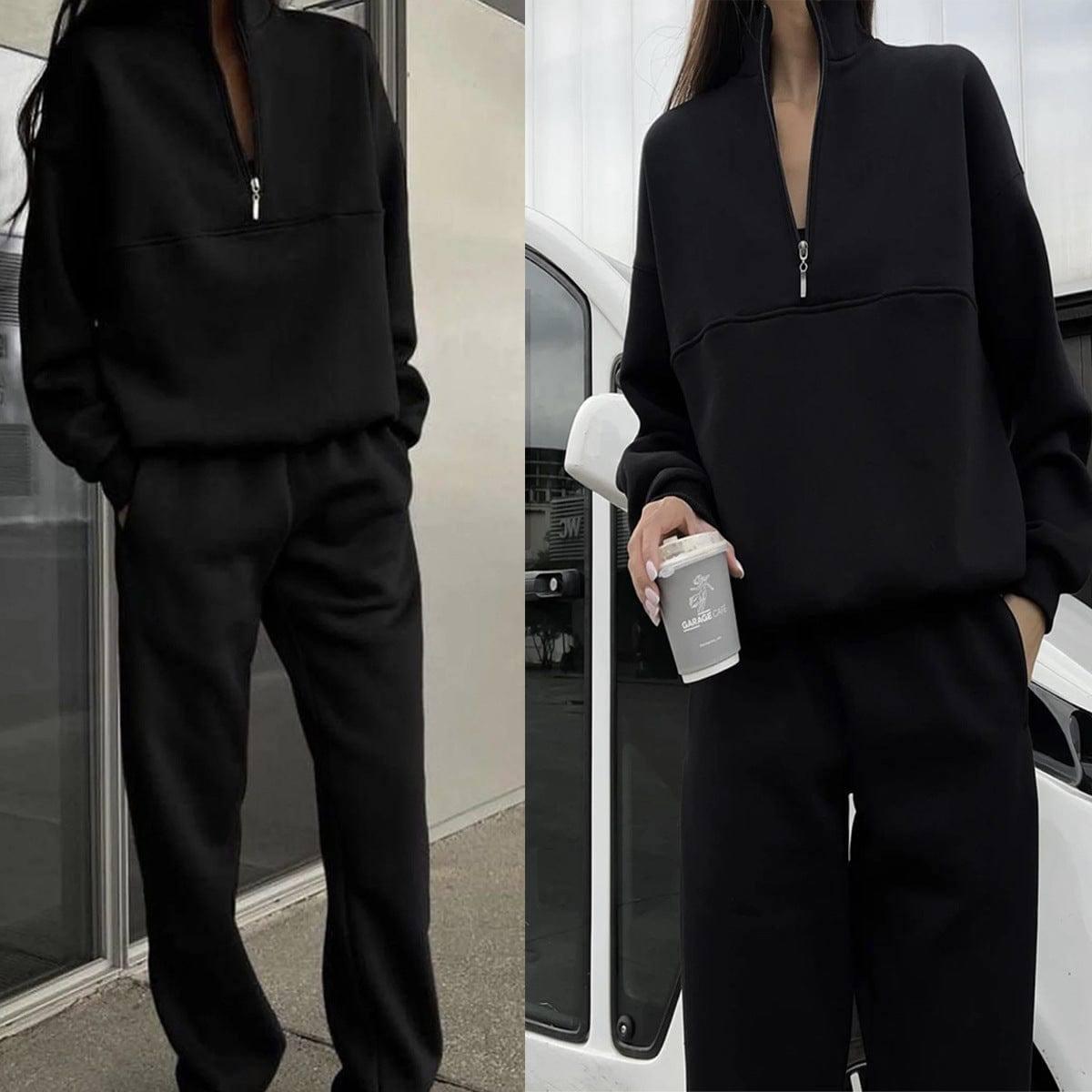 All-matching Thickened Long-sleeved Sweater And Trousers-Black-6