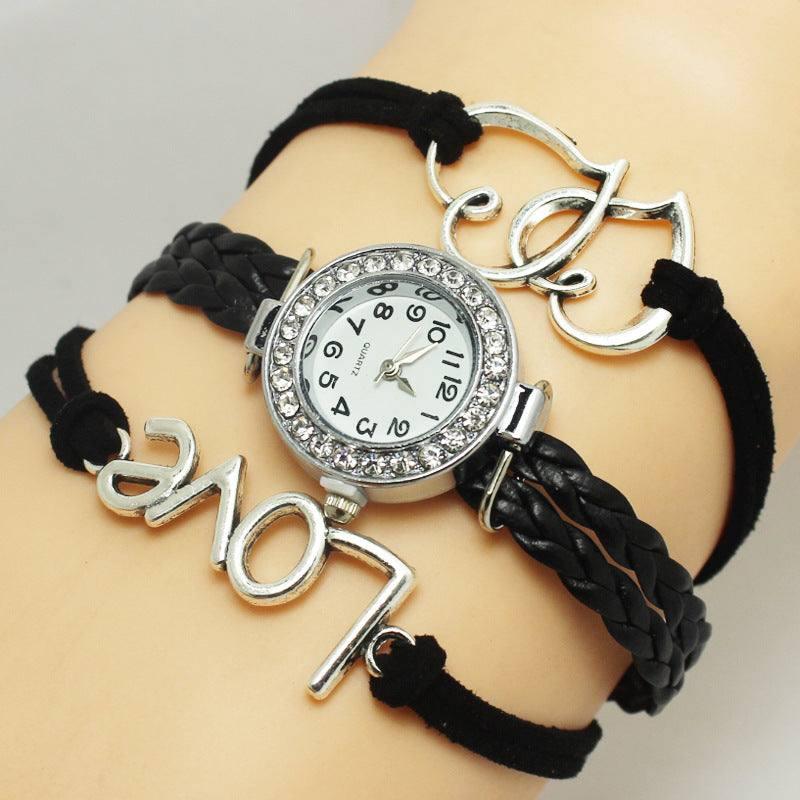 Alloy Love Double Heart-shaped Love Woven Multi-layer Watch-Pure Black-12