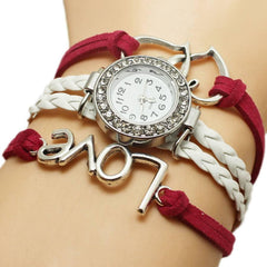 Alloy Love Double Heart-shaped Love Woven Multi-layer Watch-Rose White-1