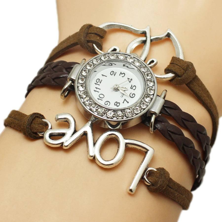 Alloy Love Double Heart-shaped Love Woven Multi-layer Watch-Dark Brown-9