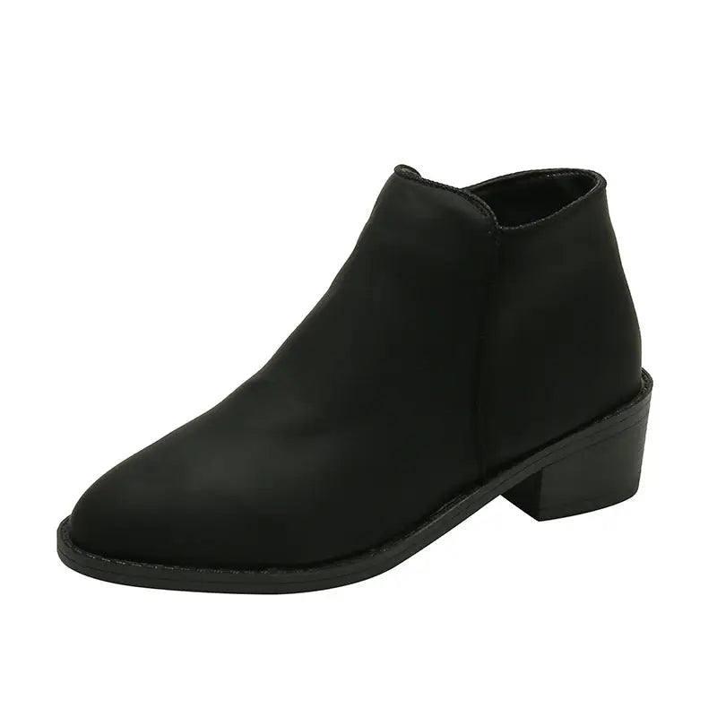 Ankle Boots Women Chunky Mid Heel Shoes Waterproof Side-Black-11